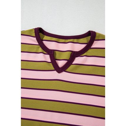 Spinach Green Clashing Stripes Waffle Texture Notched Neck Long Sleeve Top