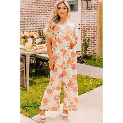 Orange Vibrant Floral Printed Short Sleeve Top 2 Piece Pants Set
