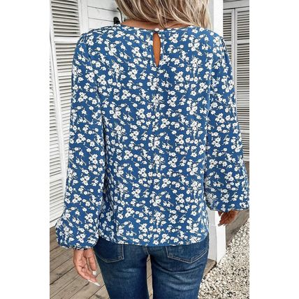 Blue Ditsy Floral Print Lantern Sleeve Blouse