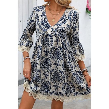 Sky Blue Vintage Printed Lace Trim V Neck 3/4 Sleeve Loose Dress
