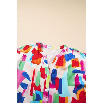 Colorful Brush Stroke Printed Plus Size Button Split Neck Blouse