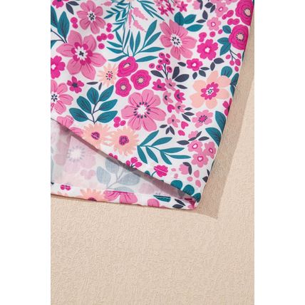 Pink Floral Collared Half Placket Short Sleeve Loose Dress