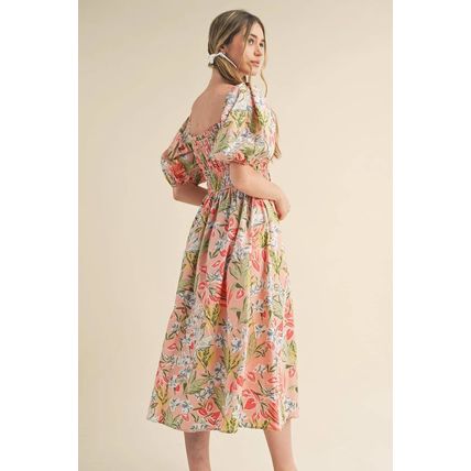 Apricot Pink Floral Smocked Bust Bubble Short Sleeve Maxi Dress