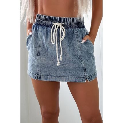 Dusk Blue Drawstring High Waist Pocketed Denim Shorts
