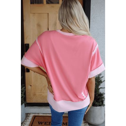 Peach Blossom Cowgirl Checkered Star Shape Print Exposed Seam T Shirt