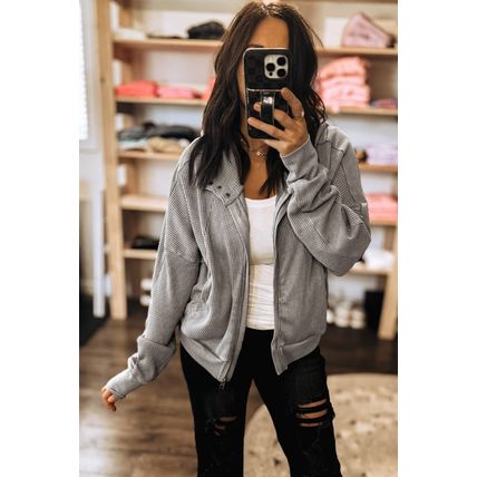 Gray Waffle Splicing Zip Up Front Button Hooded Jacket