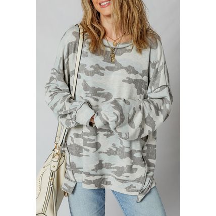 Multicolour Retro Camouflage Print Exposed Seam Patchwork Drop Shoulder Sweatshi
