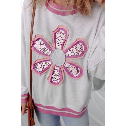 Gray Flower Patch Contrast Trim Crew Neck Sweatshirt