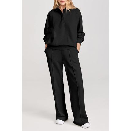 Black Solid Collared Sweatshirt and High Waist Pants Active Set