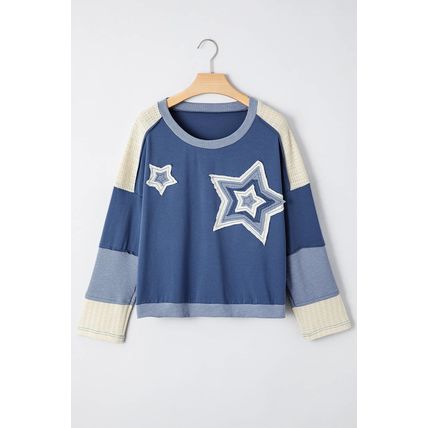 Dark Blue Contrast Knitted Colorblock Star Patchwork Oversize Long Sleeve Top