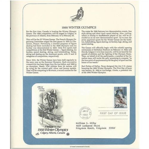 1988 WINTER OLYMPICS TRIBUTE ' OFFICIAL FIRST DAY of ISSUE ' (1988)