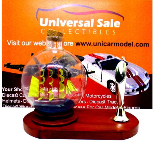 LITTLE SAILING BOAT IN A GLASS BALL ON WOOD PEN STAND,WOODEN NAUTICAL MODEL