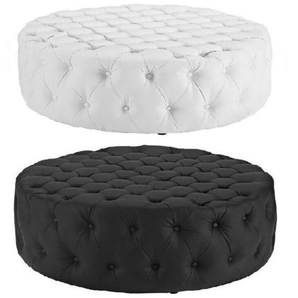 Black / White Cocktail Coffee Table Ottoman Upholstered Button Tufted Vinyl