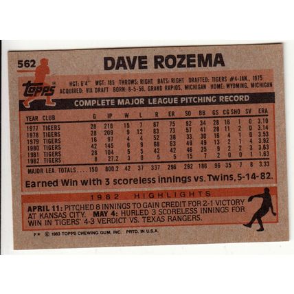 1983 Topps baseball card 562 Dave Rozema