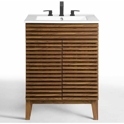 Mid-Century Modern Bathroom Vanity Walnut Grain Laminate Tapered Legs White Sink