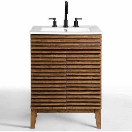 Mid-Century Modern Bathroom Vanity Walnut Grain Laminate Tapered Legs White Sink