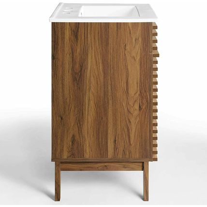 Mid-Century Modern Bathroom Vanity Walnut Grain Laminate Tapered Legs White Sink