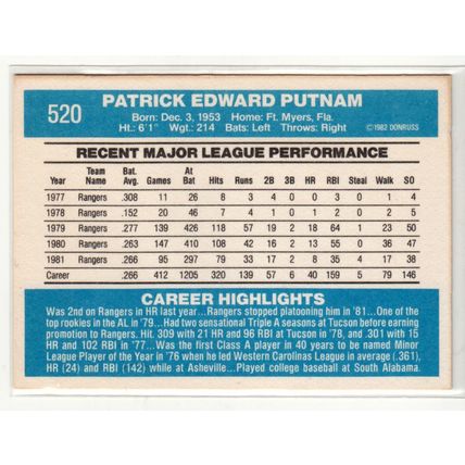 1982 Donruss baseball card 520 Pat Putnam