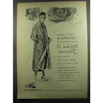 1953 B. Altman Raincoat Ad - Count on Altman's for ideas and count on Altman's