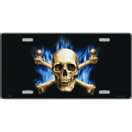 Blue Flames Skull & Crossbones Metal License Plate sign