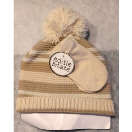 Addie & Tate Newborn/Infant Hat & Mitten Set Cream Tan Stripes