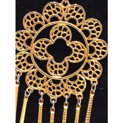 Vintage 70's Boho Goldtone Fringe Ornate Double Medallion Pendate Necklacew RARE
