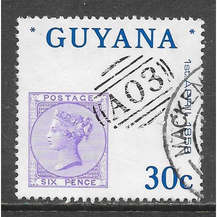 GUYANA 1983 STAMP ON QV 6d LILAC 1858 125 YEARS FIRST ISSUES USED