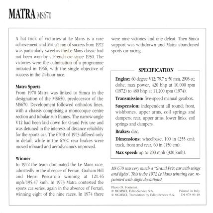 Collectors Club card. Classic Cars. Matra MS670