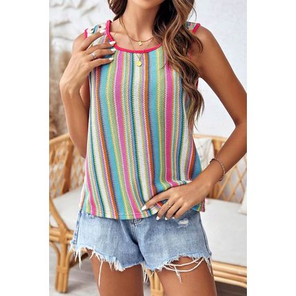 Rose Stripe Rainbow Eyelet Knit Button Decor Tank Top