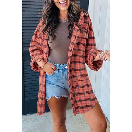 Red Plaid Long Sleeeve Side Split Distressed Hem Shirt