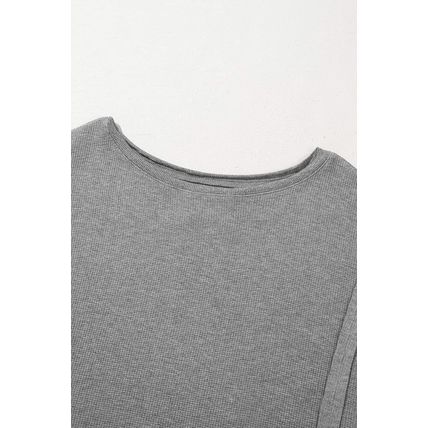 Gray Waffle knit Bishop Sleeve Split Oversized Top