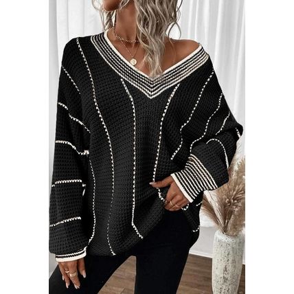 Black Colorblock Striped V Neck Knitted Loose Sweater