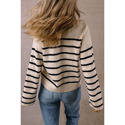 Black Stripe Flap Pocket Buttoned Cardigan Sweater
