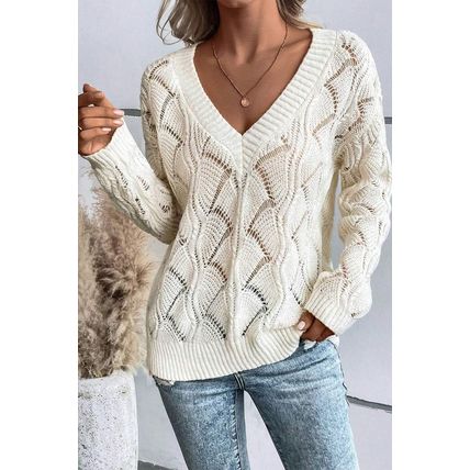 Beige Hollow Out Knit V Neck Drop Shoulder Sweater