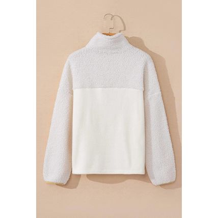 Beige Fleece Colorblock Trim Buttons Collar Sweatshirt with Pocket
