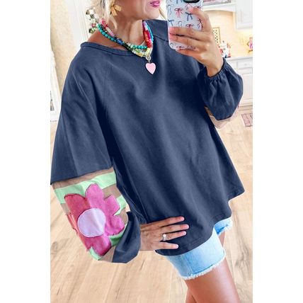 Sail Blue Flower Patchwork Raglan Sleeve Exposed Seam Oversized Top
