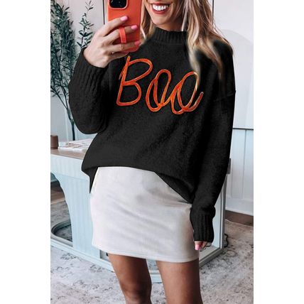 Black Boo Knitted Pattern Ribbed Edge Drop Shoulder Sweater