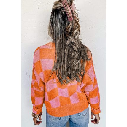 Orange Checkered Drop Shoulder Buttoned V Neck Cardigan