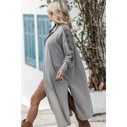 Medium Grey Aztec Accent Side Slit Open Front Long Cardigan