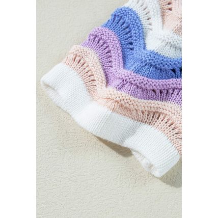 Purple Stripe Wavy Pointelle Knit Drop Shoulder Sweater