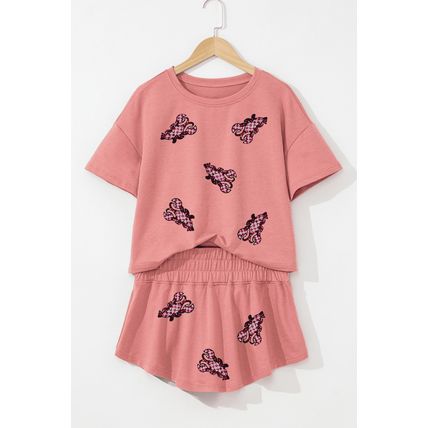 Blossom Sequined Lobster Patched Crop Tee and High Waist Short Set