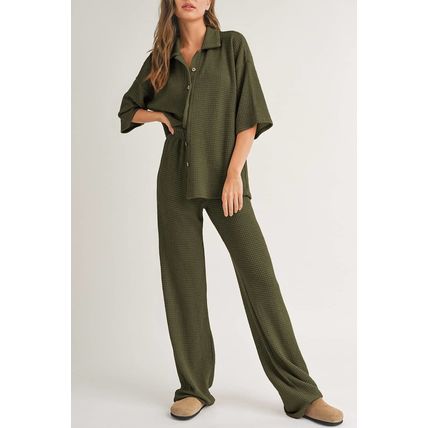 Four Leaf Clover Solid Color Textured Buttoned Shirt and Casual Pants Set