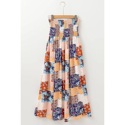 Orange Floral Patchwork Printed Frilled Bandeau Smocked High Waist Long Dress
