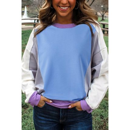 Blue Exposed Seam Colorblock Patchwork Ribbed Trim Pullover Sweatshirt