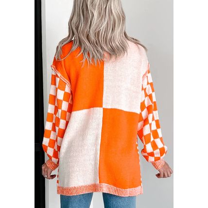 Orange Checkered Open Front Drop Shoulder Cardigan