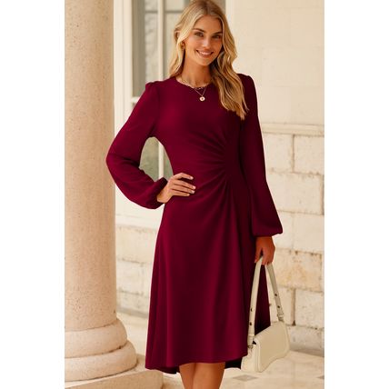 Burgundy Solid Color Ruched Detail Long Sleeve Midi Dress