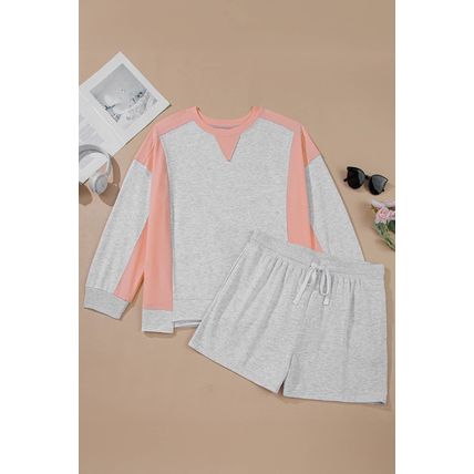 Light Grey Uneven Hem Colorblock Pullover Casual Shorts Plus Size 2pcs Outfit