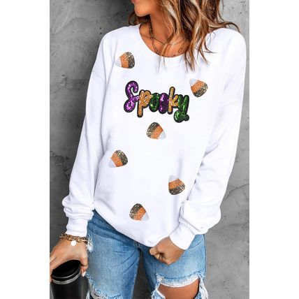 White Sequin Spooky Halloween Spirit Print Casual Sweatshirt