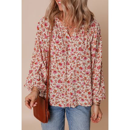 Red Floral Print Pleated Detail Notched Neck Puff Sleeve Blouse
