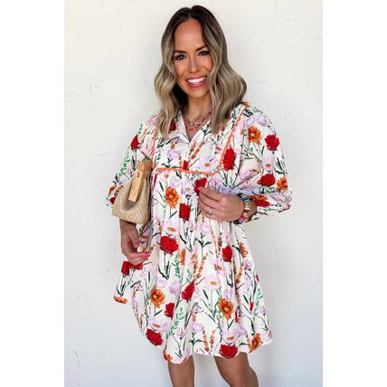 Beige Floral Print 3/4 Puff Sleeve Ricrac Trim Mini Dress